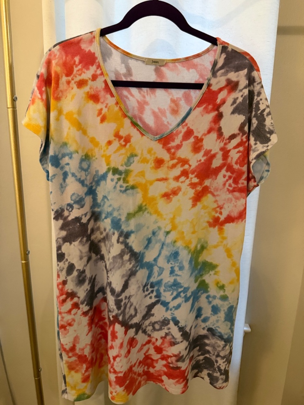 JODIFL V-Neck Tie-Dye Mini Dress — Red, Yellow, Blue, Purple